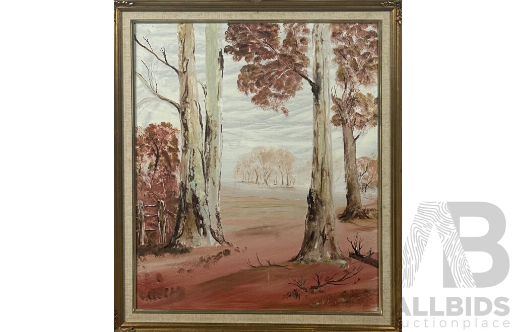 Artists Unknown, Pair of Vintage Australian Landscapes, Gumtree Flanking Sweeping Plains (Oil on Canvas) and Sunburnt Country (Oil on Board), 70 x 60 cm (frame largest) (2)