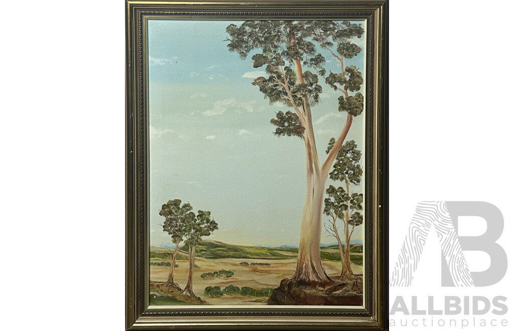 Artists Unknown, Pair of Vintage Australian Landscapes, Gumtree Flanking Sweeping Plains (Oil on Canvas) and Sunburnt Country (Oil on Board), 70 x 60 cm (frame largest) (2)