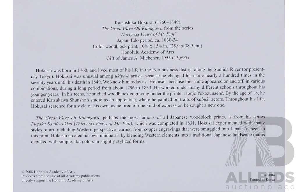 Katsushika Hokusai (Edo Period, Japanese,1760-1849), the Great Wave Off Kanagawa, ('Thirty Six Views of Mt. Fuji) (c1830-34), Print of Original Woodblock Print, 10 x 15.5 cm (image)