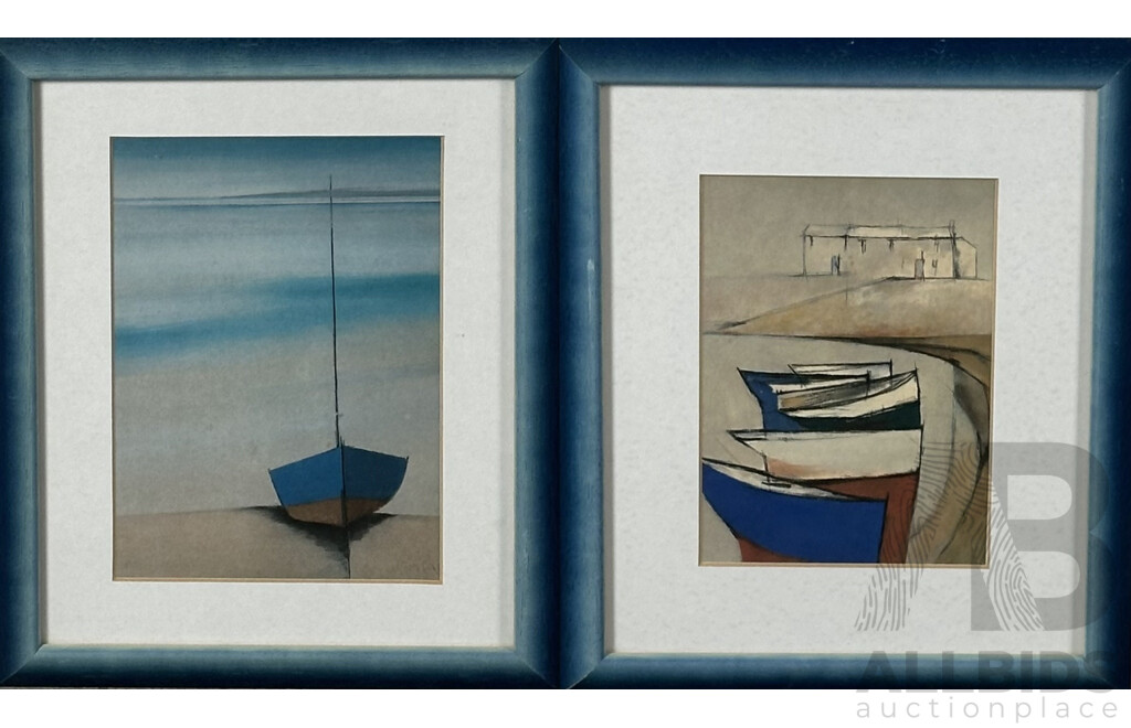 Michael Praed, (20th Century, British, 1941-), Small Boats & Cottages and Blue Boat, Sand & Sea, Pair of Quality Prints of Original Oils 29 x 23.5 cm (frames) (2)