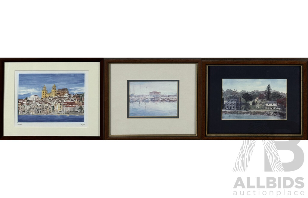 (Artists Unknown), Trio of Landscapes Featuring Water and Including Sicilia 'Cefalù,' and Paphos Cyprus, Colour Prints of the Originals, 31 x 39 cm (largest frame) (3)