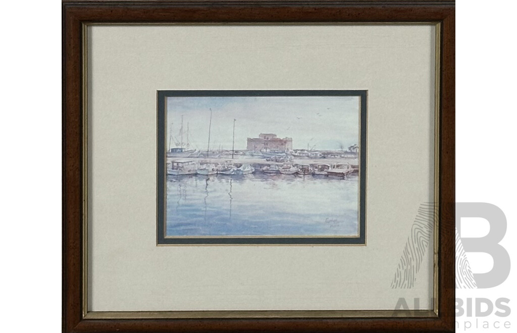 (Artists Unknown), Trio of Landscapes Featuring Water and Including Sicilia 'Cefalù,' and Paphos Cyprus, Colour Prints of the Originals, 31 x 39 cm (largest frame) (3)