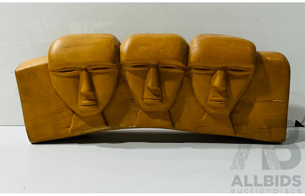 Hand-carved Wooden Sculpture of Three Faces