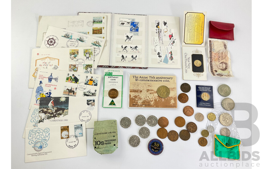 Australian Commemorative 1990 Five Dollar Coin, Fifty Cents 1982 Commonwealth Games(3) 1981 Charles and Diana(2) 1996 One Dollar Henry Parkes 1935 Penny,  RAAF 50 Years Medallion, First Day Covers