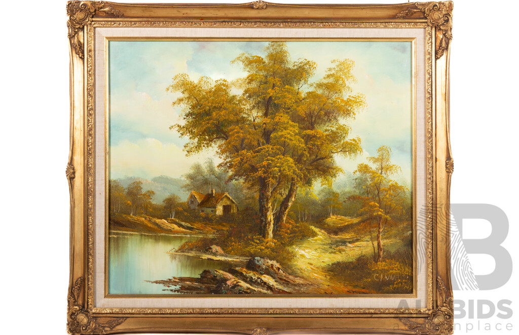 Clara Davis Inness, (Late 19th/Early 20th Century, American, 1874-1932), Lone Cottage by the Water, Original Oil on Canvas, 65 x 75 cm (frame)