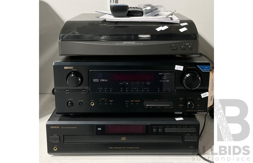 Kenwood Stereo Automatic Turntable System P-T400, Denon AV Surround Receiver AVR-2106 and a Denon Stereo CD Player DCM-380/280