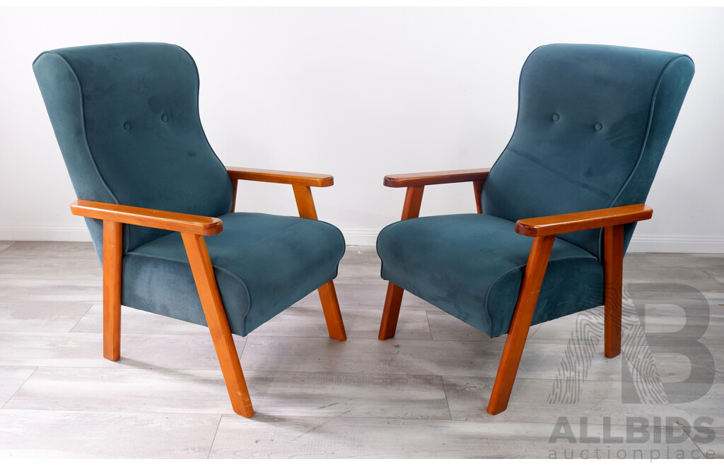Pair of Vintage Armchairs with Teal Velvet Upholstery