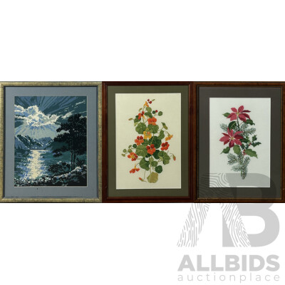 Collection of Three Framed Tapestries Inc Landcsape and Floral Scene