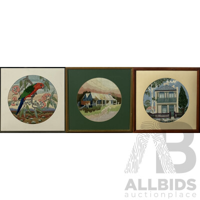 Trio of Vintage Long Stitch Embroidery, (Date Unknown), Rosella, Country Cottage and Freestanding Victorian Terrace, 43 x 43 cm (largest Frame) (3)