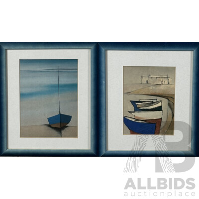 Michael Praed, (20th Century, British, 1941-), Small Boats & Cottages and Blue Boat, Sand & Sea, Pair of Quality Prints of Original Oils 29 x 23.5 cm (frames) (2)