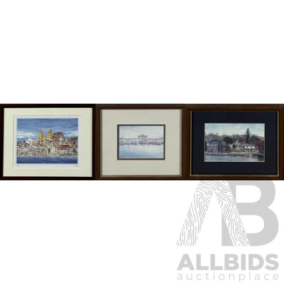 (Artists Unknown), Trio of Landscapes Featuring Water and Including Sicilia 'Cefalù,' and Paphos Cyprus, Colour Prints of the Originals, 31 x 39 cm (largest frame) (3)