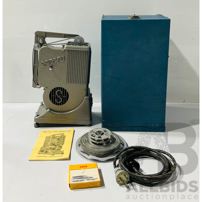 Vintage Specto “500” Projector with Operating Instructions, Kodachrome Movie Film, Power Cord and Wooden Transport Case with Vinyl Wrap