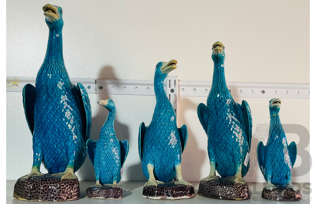 Collection of Five Vintage Blue Ceramic Geese
