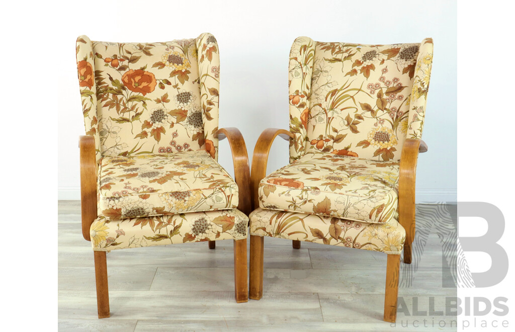 Pair of Upholstered Art Deco Wing Back Lounge Chairs with Hoop Arms