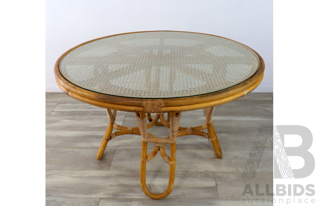 Vintage Cane Pattio Table with Rattan and Glass Top