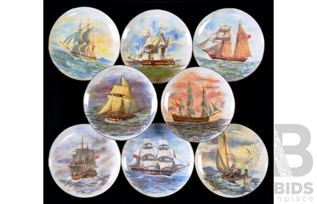 Set Eight Australian Collectors Treasury the Ships That Made Australia Series Porcelain Plates by Dennis Adams, Two in Original Boxes