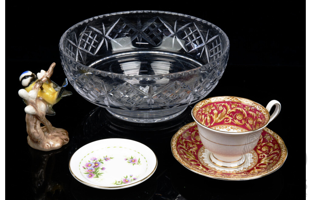 Vintage Stuart Crystal Serving Bowl, Royal Albert Duo in Florentine Pattern, Pin Dish From Same Maker & Goebel Porcelain Blue Titmouse Figure