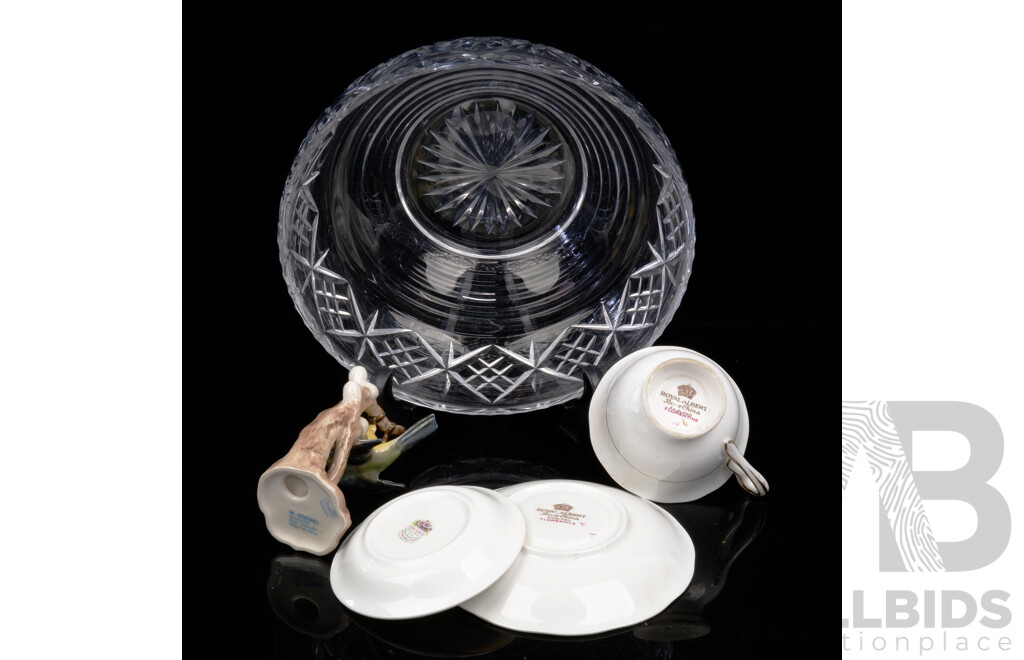 Vintage Stuart Crystal Serving Bowl, Royal Albert Duo in Florentine Pattern, Pin Dish From Same Maker & Goebel Porcelain Blue Titmouse Figure