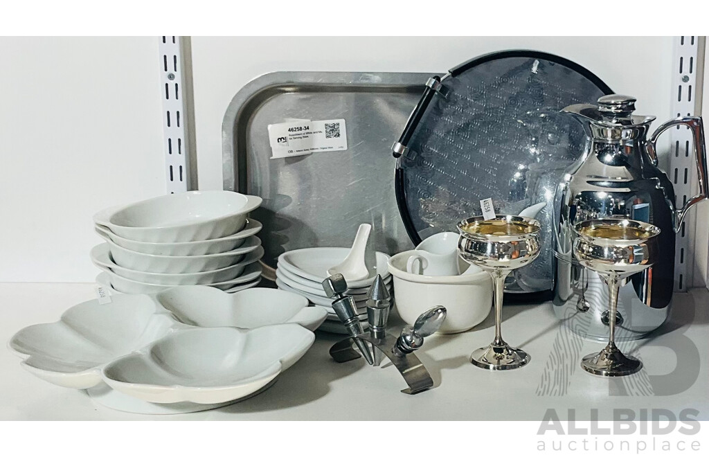 Assortment of White and Metal Serving Ware