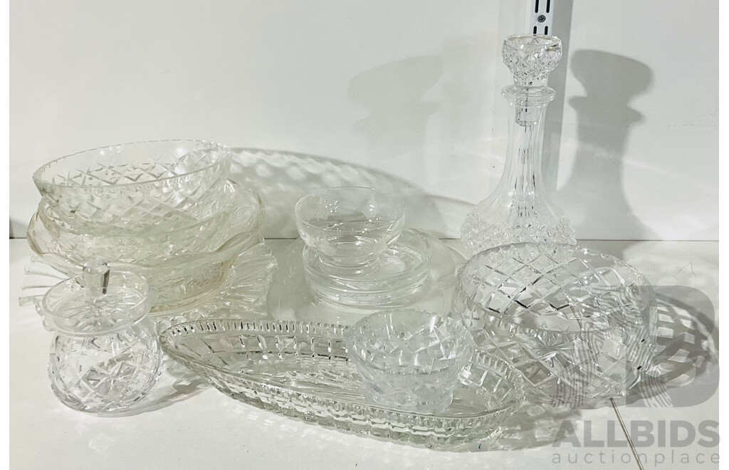 Collection of Varied Vintage Crystal Including Four Medium Sized Bowls, One Jar with Lid, One Decanter and More