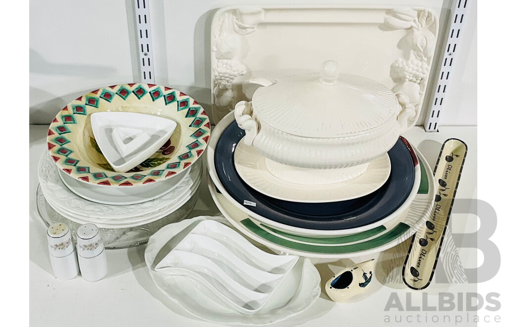 Large Collection of Ceramic and Glass Serving Trays and Plates, Alongside a Soup Tureen with Underplate and Spoon and More