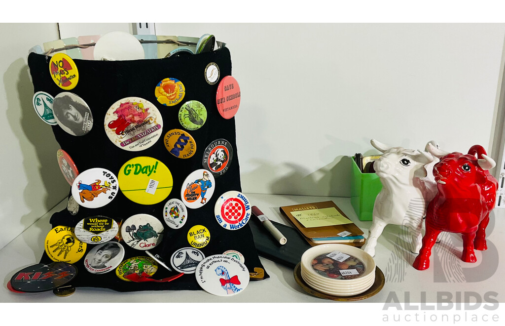 Varied Collection Including Two Ceramic Bulls,  Venetian Blind Bin and Selection of Vintage Badges