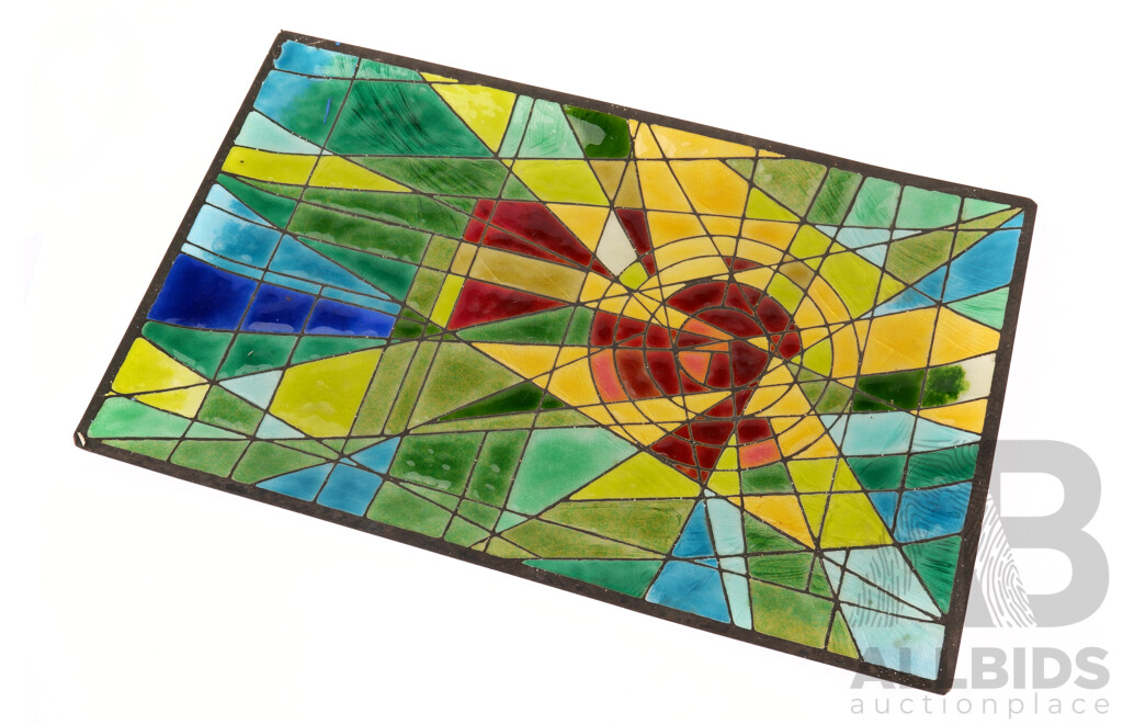 Retro Enameled Metal Tray with Stained Glass Design