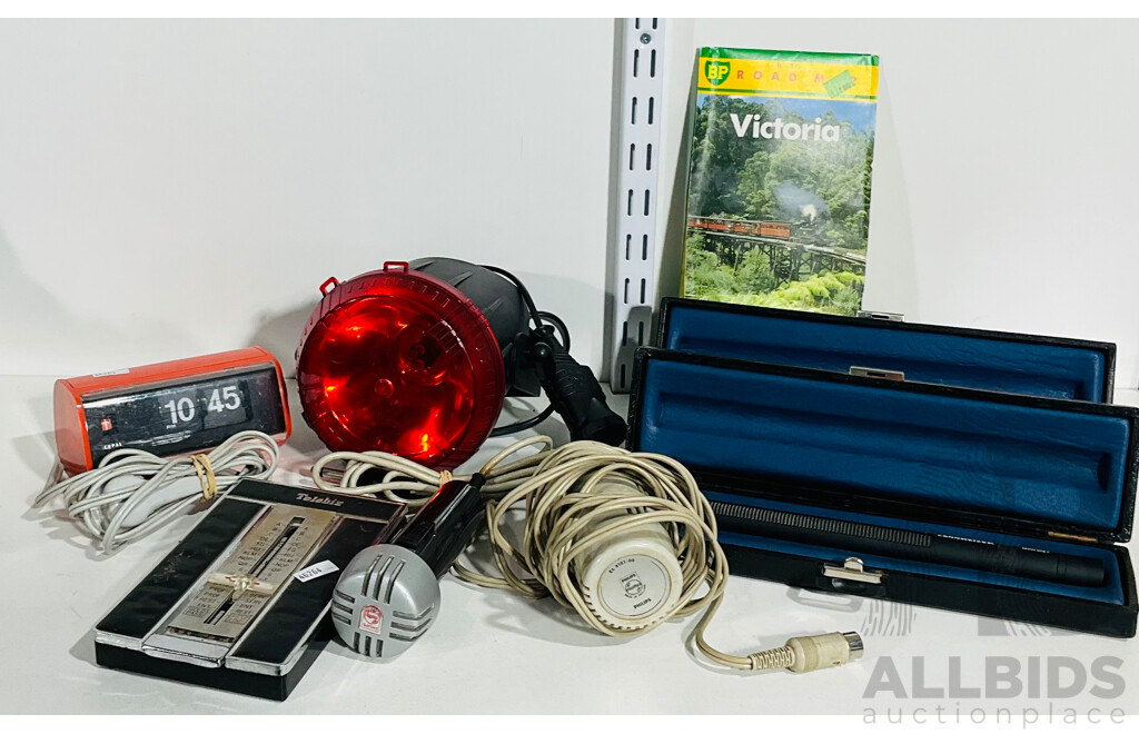 Collection of Vintage Items Including Philips Microphone, Copal Clock, Q-Strobe Light and More