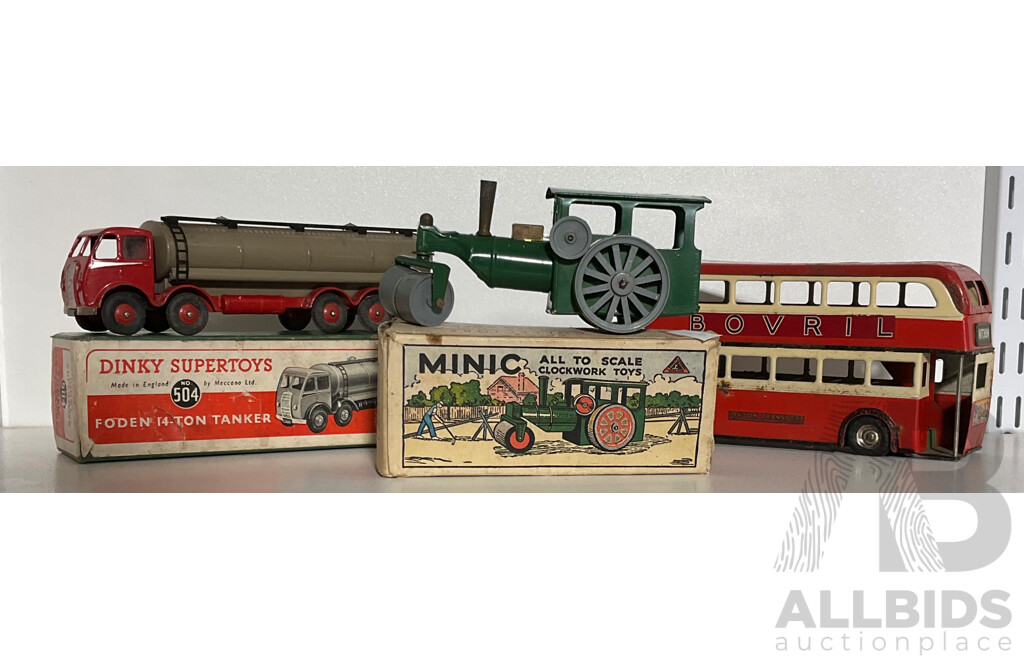 Collection of Three Vintage Tin Toy Vehicles, Two in Original Boxes by Tri-Ang Minic and Dinky Supertoys