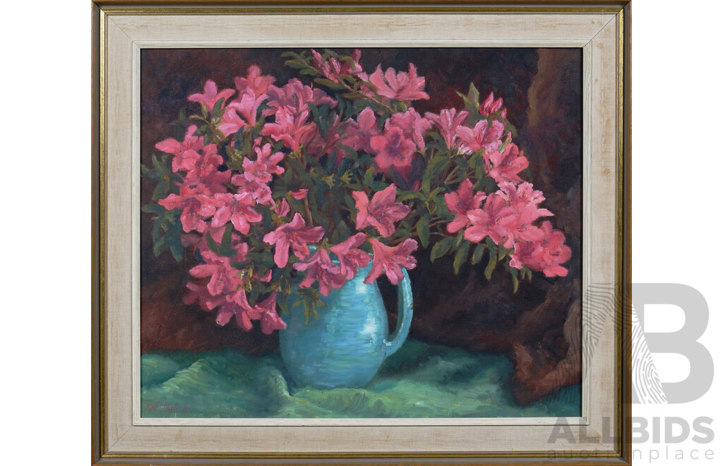 Val Mulcahy, Pink Azaleas in Green Jug, Oil on Canvas