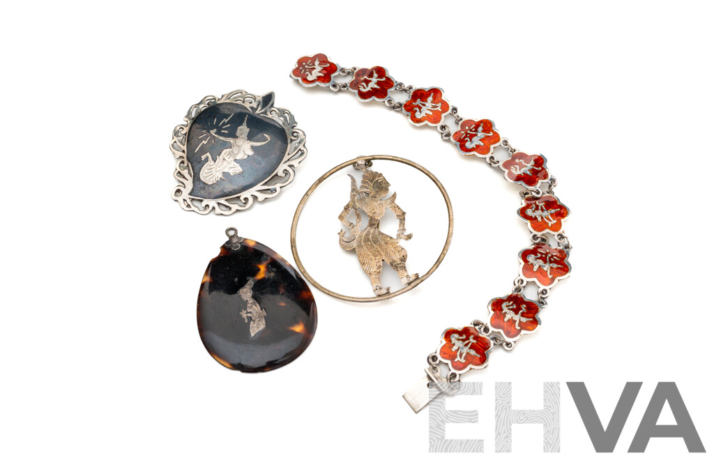 Vintage Siam Silver Jewellery Collection Including Brooch, Pendants and Bracelet