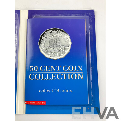 Australian Scholastic Fifty Cent Coin Collection Album, Twenty Four Coins Including 2001 Commemorative State Issues