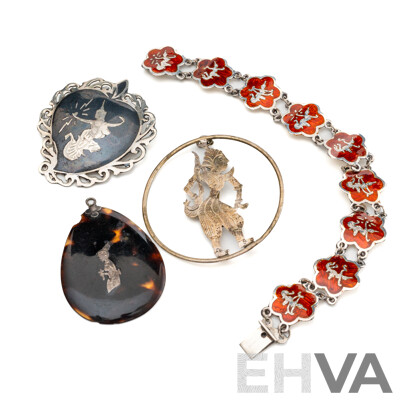 Vintage Siam Silver Jewellery Collection Including Brooch, Pendants and Bracelet