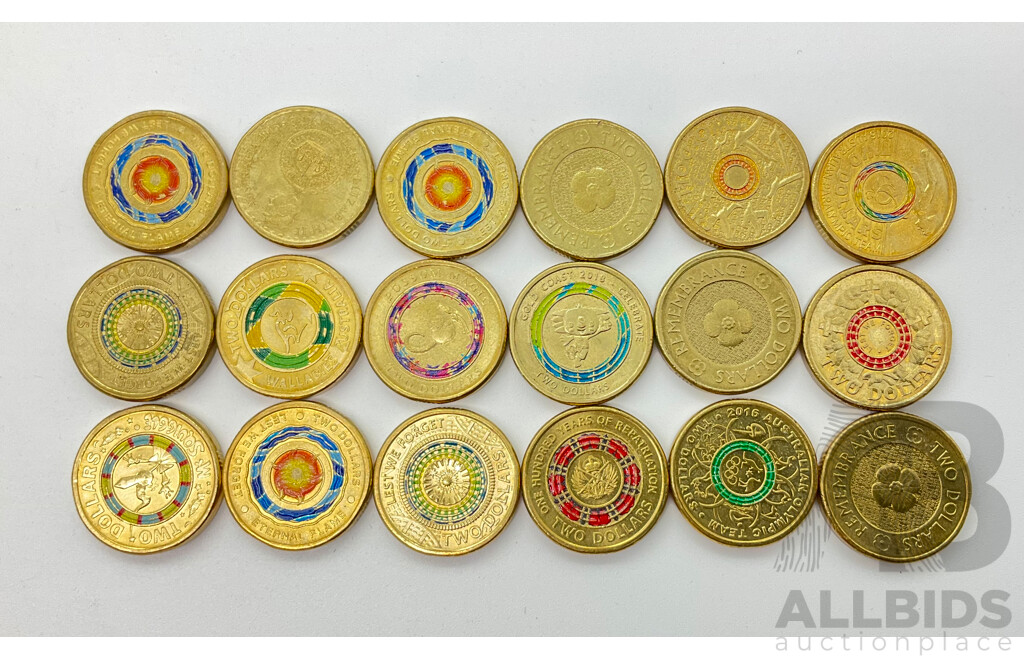 Collection of Eighteen Australian Commemorative Two Dollar Coins Including 2016 Fifty Years Decimal Currency, 2017 Possum Magic, 2019 Mr Squiggle, 2015 Lest We Forget, 2012 Remembrance(3), 2018 Gold Coast Celebrate and More