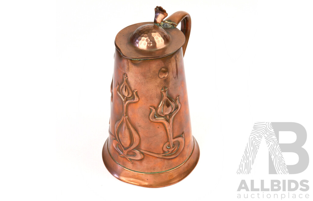 Antique Art Nouveau Joseph Sankey & Sons Copper Lidded Tankard, Size 2 Pint