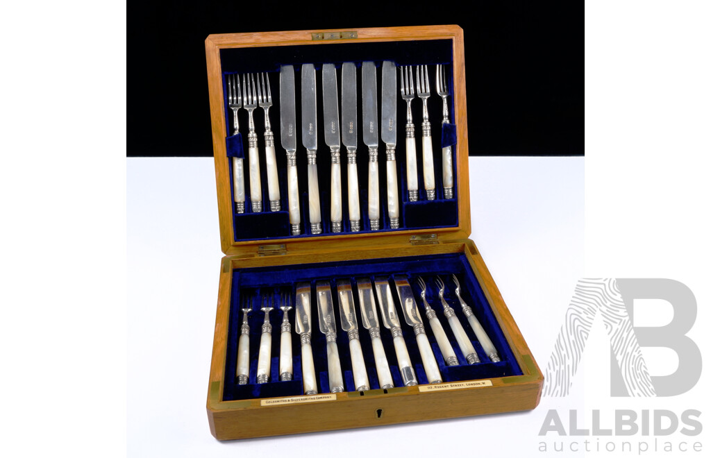 Fantastic Antique Sterling Silver 24 Piece Fruit Service with Mother of Pearl Handles by Goldsmiths & Silversmiths Co, London, 1893, in Original Silky Oak Two Level Canteen with Brass Shield to Top