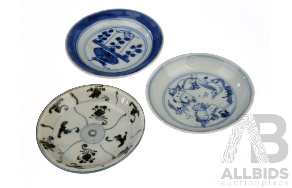 Three Antique Chinese Blue and White Porcelain Plates, Circa 19th Century