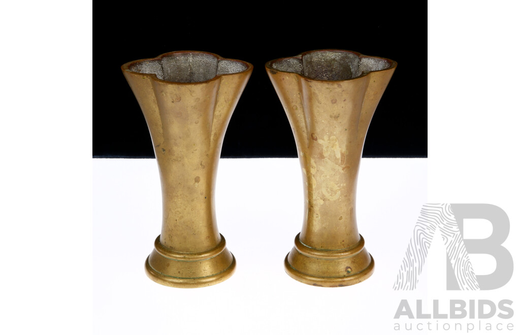 Pair Antique Early Australian Heavy Brass Ecclesiastical Vases by W J Sanders, Sydney