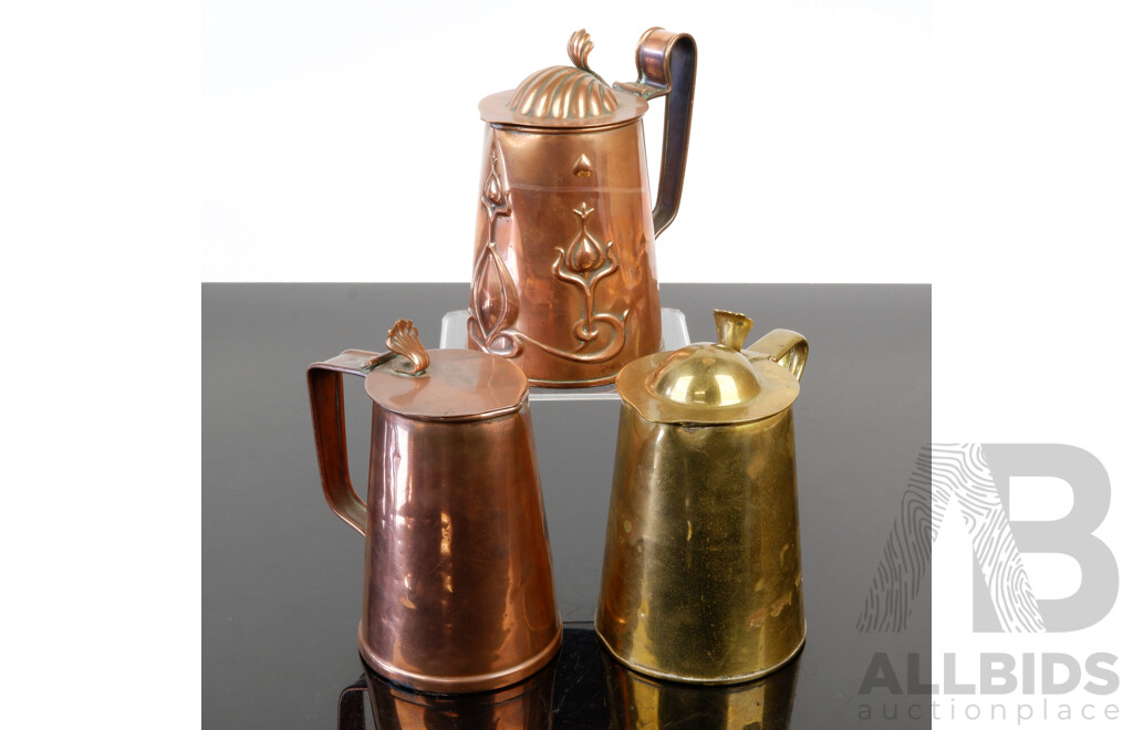 Three Antique Art Nouveau Lidded One Pint Tankards by Joseph Sankey & Sons, London Comprising One Brass & Two Copper Examples