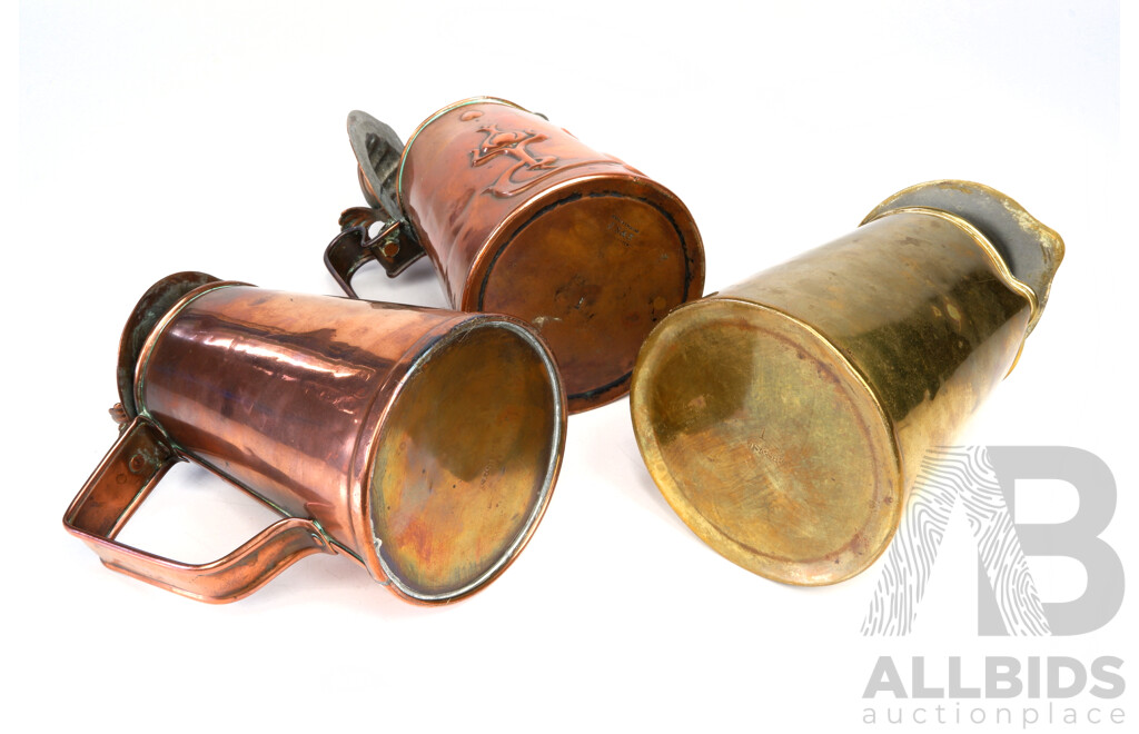 Three Antique Art Nouveau Lidded One Pint Tankards by Joseph Sankey & Sons, London Comprising One Brass & Two Copper Examples