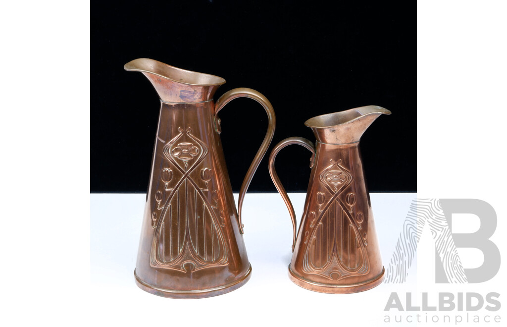 Two Antique Art Nouveau Copper Jugs by Joseph Sankey & Sons, London Comprising One Pint & Three Pint Examples