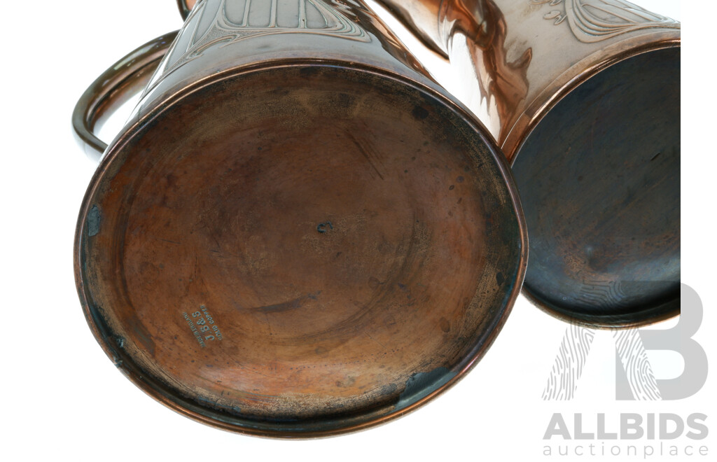 Two Antique Art Nouveau Copper Jugs by Joseph Sankey & Sons, London Comprising One Pint & Three Pint Examples