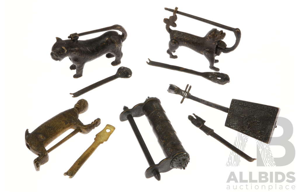 Interesting Collection Antique and Vintage Chinese Figurative Form Brass and Iron Locks