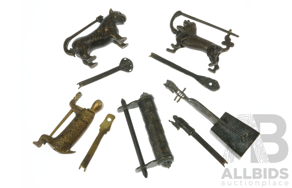 Interesting Collection Antique and Vintage Chinese Figurative Form Brass and Iron Locks