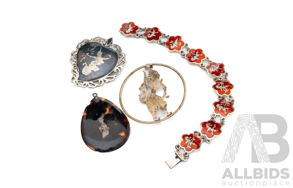 Vintage Siam Silver Jewellery Collection Including Brooch, Pendants and Bracelet