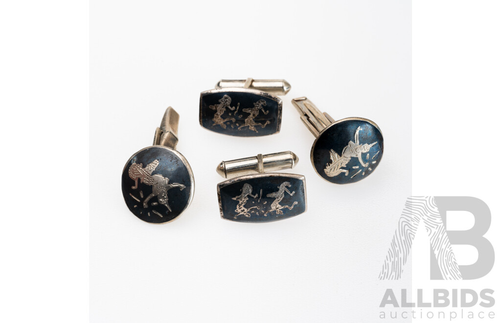 Siam Sterling (2) Pairs of Cuff Links with Black Enamel Dancer Motifs