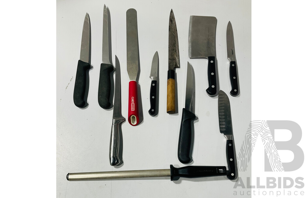 Collection Chefs Kitchen Knives Including Mundial Meat Cleaver, Victorinox, Steel, Japanese Sushi Knife and More