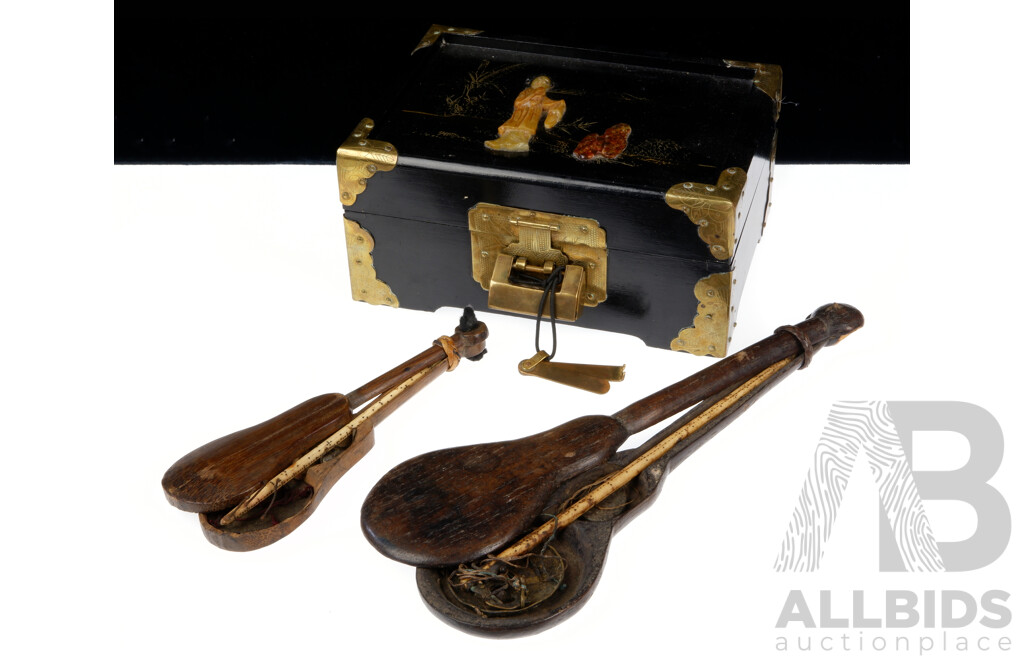 Vintage Chinese Wooden Box with Brass Mounts, Lock & Stone Carving to Lid Along with Two Sets Vintage Opium Scales