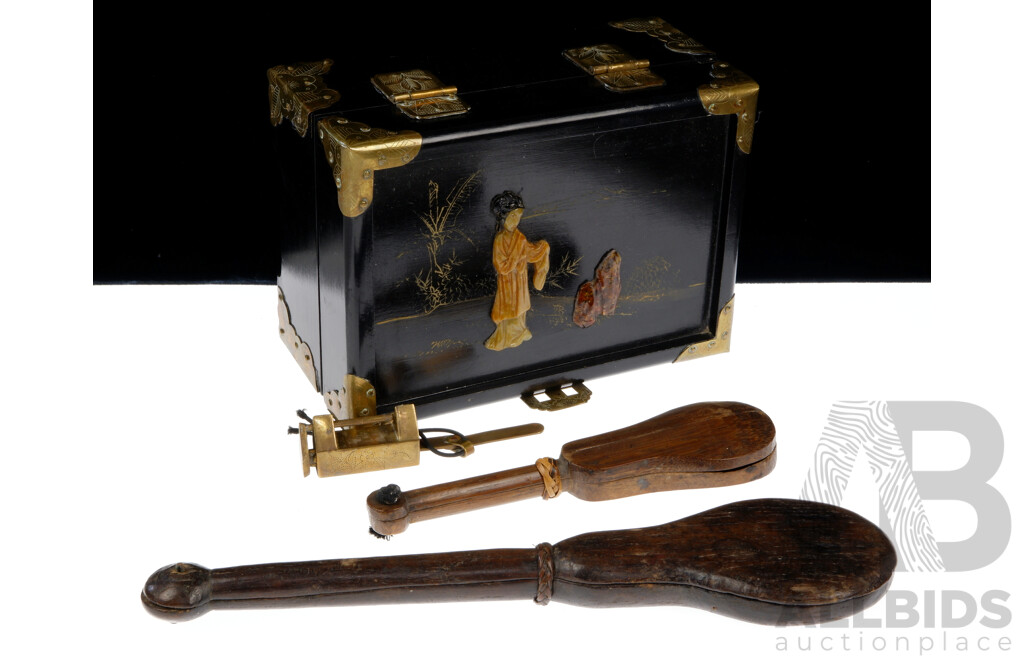 Vintage Chinese Wooden Box with Brass Mounts, Lock & Stone Carving to Lid Along with Two Sets Vintage Opium Scales