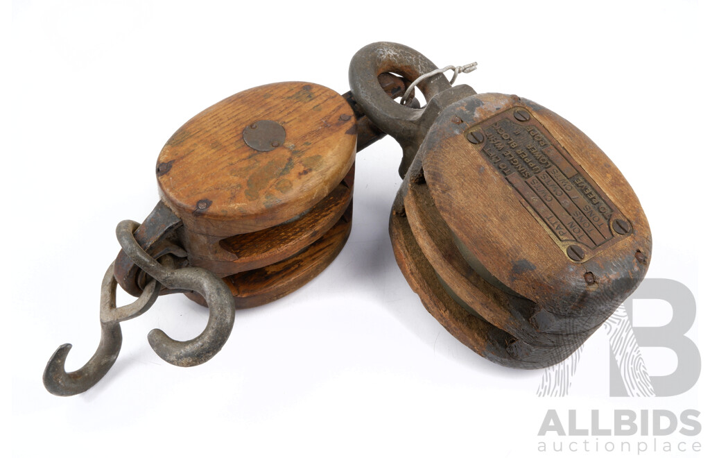 Two Antique Wooden Blocks, to Reeve 1 & Half Inch Rope